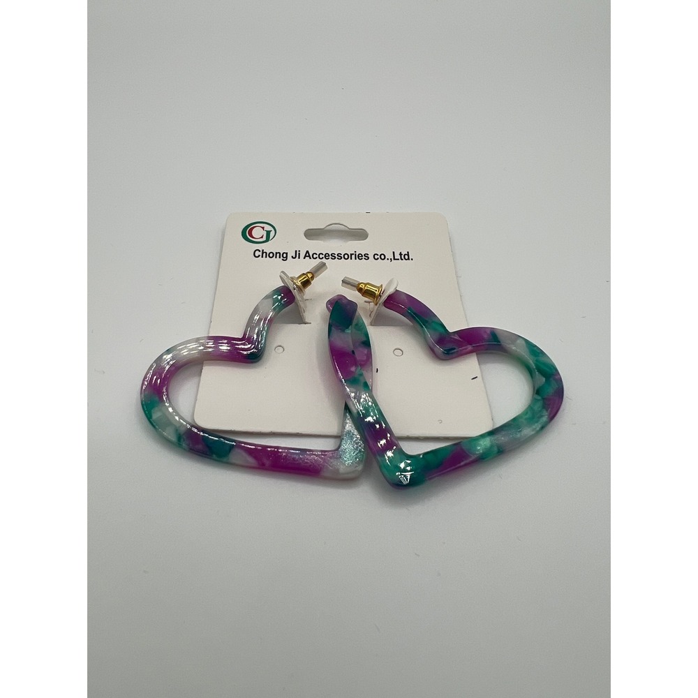 Chong Ji Accessories Heart Hoop Earrings Fuchsia Green Marbled Resin CJ 16023ER